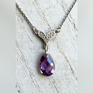 Vintage 925 Sterling Silver Necklace Purple Teardrop Pendant 19”